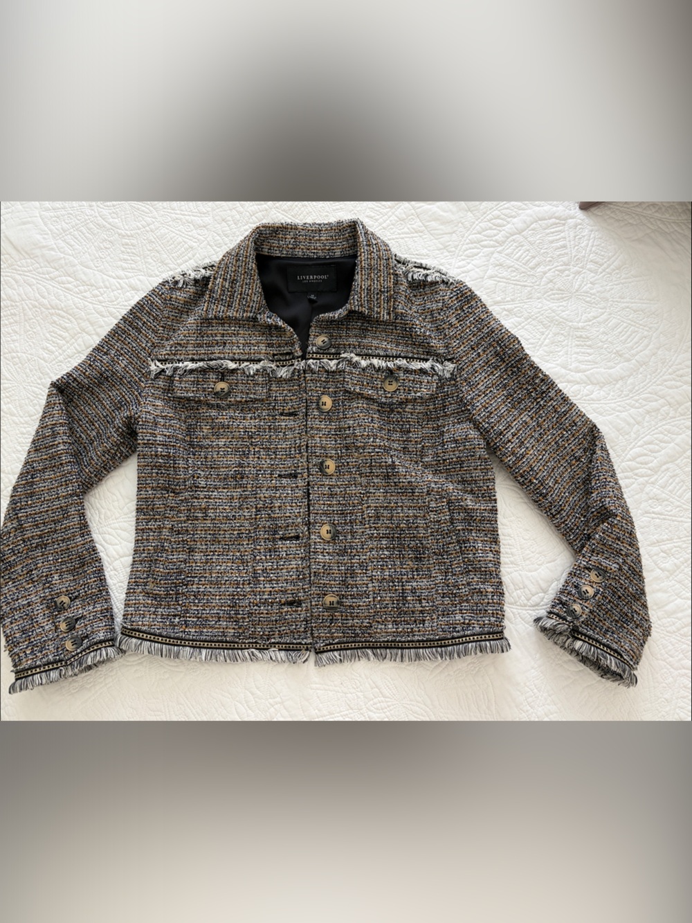 Liverpool Los Angeles Tweed Fringed Blazer in Brown Black, Blue, Gold and Cream